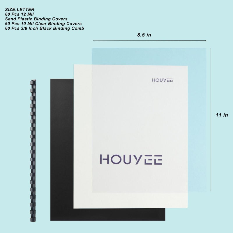 HOUYEE 180 Pack Binding Covers Set: 60 Pcs 3/8 Inch Black Binding Combs, 8.5x11 Inches, 60 Pcs 10 Mil Clear Binding Covers, 60 Pcs 12Mil Black Sand Texture, Letter Size - Image 3